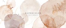 Watercolor Art Background Vector. Wallpaper Design With Paint Brush And Gold Line Art. Earth Tone Blue, Pink, Ivory, Beige Watercolor Illustration For Prints, Wall Art, Cover And Invitation Cards.
