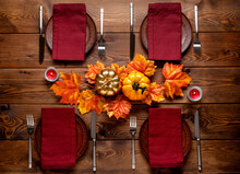 Autumn Table Setting. Thanksgiving Dinner And Autumn Decoration.