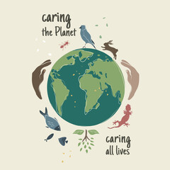 illustration about fighting against climate change with the text caring the planet, caring all lives