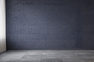 Dark blue empty interior with blank brick wall. 3d render illustration mockup.