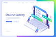 © klyaksun - Online survey isometric landing page, tiny people fill online form on huge laptop with test, quiz or exam checklist or document on screen, questionnaire results or internet test 3d vector web banner