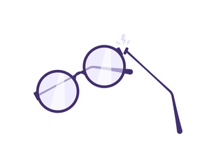 illustration of a broken eyeglass on the hinge. broken glasses at the end pieces. spectacle frames and stems come off. flat cartoon style. vector design