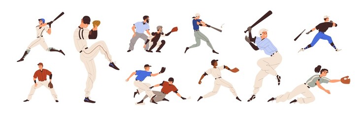 Poster - Baseball players set. Pitchers, catchers, batters and hitters throwing, catching and hitting ball with bats and gloves. American sports game. Flat vector illustration isolated on white background