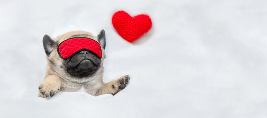 Poster - Cute Pug puppy wearing sleeping mask sleeps on a bed at home. Top down view. Empty space for text
