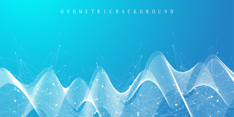 Aufkleber - Digits abstract background with connected line and dots, wave flow. Digital neural networks. Network and connection background for your presentation. Graphic polygonal background. Vector illustration.