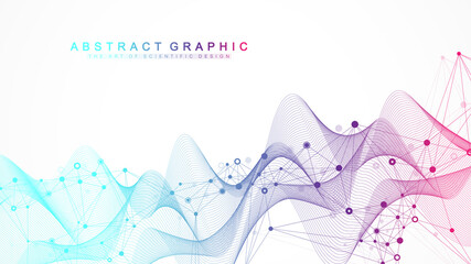 Fototapete - Flowing geometric abstract background with connected lines and dots. Connectivity flow point. Molecule and communication background. Graphic connection background for your design. Vector illustration.