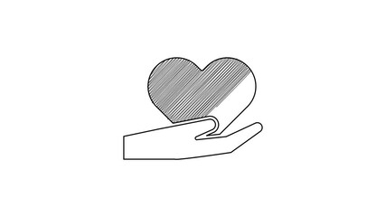 Sticker - Black line Heart in hand icon isolated on white background. Hand giving love symbol. Valentines day symbol. 4K Video motion graphic animation