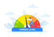 © Konstantin - Reduce stress level flat style design concept vector illustration. Emotion overload, burnout and fatigue from work. Stress level meter gauge emotion stages. Person pushes arrow from maximum to minimum