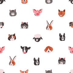 Wall Mural - Seamless childish pattern with cute animal faces on white background. Repeating texture with funny amusing heads, muzzles of pets, cats, dogs, cows, pigs and bunnies. Colored flat vector illustration