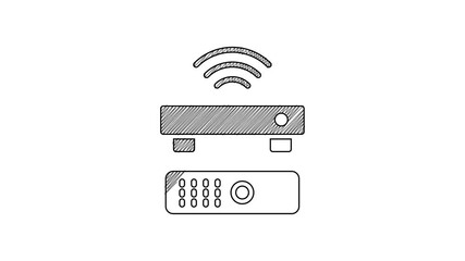 Poster - Black line Wireless multimedia and TV box receiver and player with remote controller icon isolated on white background. 4K Video motion graphic animation