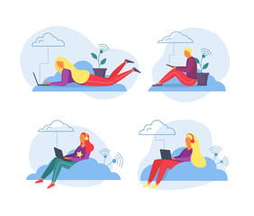 Wall Mural - Laptop work with cloud storage, vector illustration. Flat man woman people character working by computer, online technology for business.