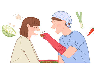 Kimchi-making day. A mother is feeding her daughter freshly made kimchi. Korean traditional food culture illustration isolated over white background.