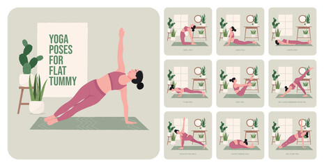 	
Yoga poses For Flat tummy. Young woman practicing Yoga pose. Woman workout fitness, aerobic and exercises. Vector Illustration