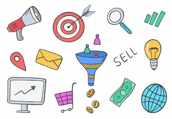 Poster - sales and marketing industry doodle hand drawn set collections with flat outline style