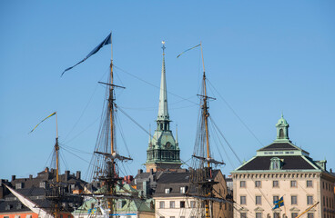 Panorama view over the inner harbor of Stockholm with the old sailing replica of the Swedish East Indiaman Götheborg