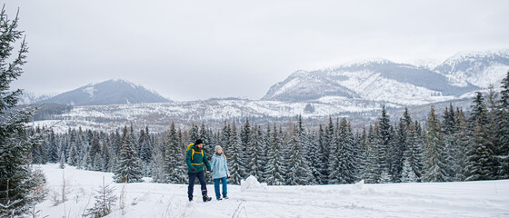 father with small daughter on a walk outdoors in winter nature, tatra mountains slovakia.