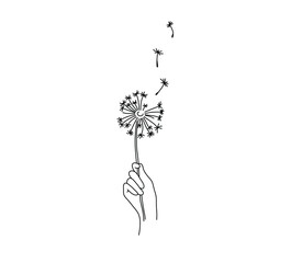Wall Mural - Vector isolated simple minimal dandelion in the hand drawing. Blowball in the hand contour outline sketch. 