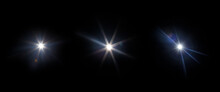 Easy To Add Lens Flare Effects For Overlay Designs Or Screen Blending Mode To Make High-quality Images. Set Of Abstract Sun Burst, Digital Flare, Iridescent Glare Over Black Background.