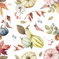 Wall Mural - watercolor vector seamless pattern with colorful pumpkins and leaves.