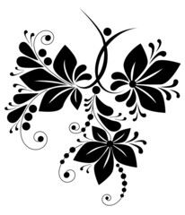 Decorative composition of flowers, leaves, elements of berries and curls in black on a white isolated background. Black floral pattern for design.