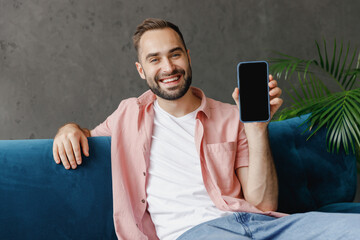 Poster - Young smiling satisfied fun happy man in casual clothes hold in hand use mobile cell phone with blank screen workspace area sitting on blue sofa at home flat indoors rest relax on weekends free time