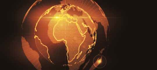 Poster - Glowing globe hologram on dark background with mockup place. Digital interface and global innovation. 3D Rendering.