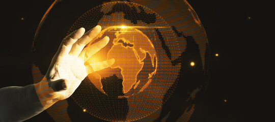 Poster - Hand holding glowing globe hologram on dark background. Digital interface and global innovation.