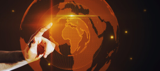 Poster - Hand pointing at glowing globe hologram on dark background. Digital interface and global innovation.