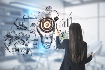 Aufkleber - Back view of young attractive european businesswoman drawing creative hand drawn business sketch on blurry office interior background. Training, idea, targeting and success concept.