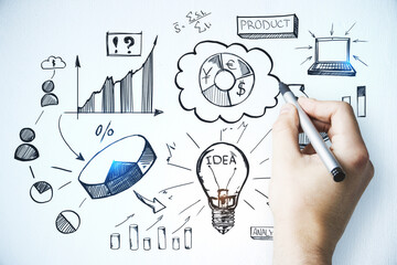 Aufkleber - Hand drawing creative business sketch on concrete wall background. Training, idea, targeting and success concept.