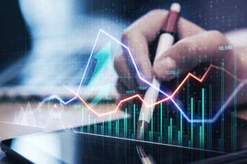 Poster - Close up of hands using laptop with creative glowing business chart and arrows.