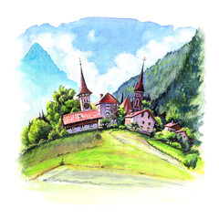 Watercolor sketch of swiss town Interlaken, Switzerland