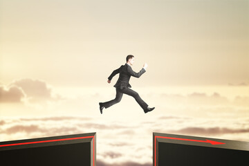 Poster - Side view of business man jumping over gap on sky background with mock up lace. Challenge and success concept.