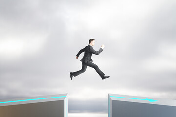 Poster - Side view of businessperson jumping over gap on sky background with mock up lace. Challenge and success concept.