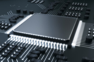 Poster - Abstract gray chip background. Circuit, technology and hardware concept. 3D Rendering.
