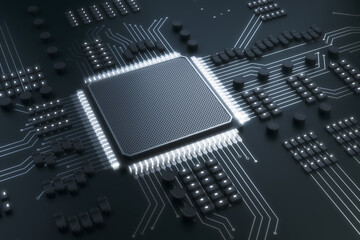 Poster - Creative gray chip background. Circuit, technology and hardware concept. 3D Rendering.