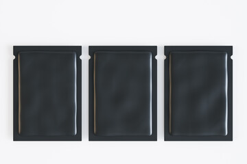 Poster - Three empty black product packets on white background. Mock up, 3D Rendering.