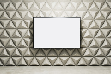 Poster - Modern interior with white polygonal wall, empty white mock up frame and concrete flooring. Design concept. 3D Rendering.