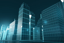 Creative Graphic Blue City Background. Building And Downtown Concept. 3D Rendering.
