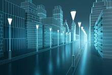 Creative Graphic Blue City Wallpaper. Building And Downtown Concept. 3D Rendering.