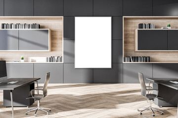 Poster - Clean grey coworking office interior with wooden flooring, daylight and empty white mock up poster. Business interiors concept. 3D Rendering.