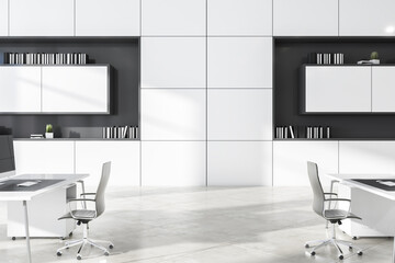 Poster - Modern white concrete coworking office interior with daylight and furniture. Business interiors concept. 3D Rendering.