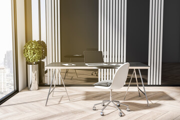 Aufkleber - Modern desktop with devices in bright office interior with city view and wooden flooring. 3D Rendering.