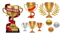 Winner Collection. Trophy, Realistic Medals. Golden Cup With Red Ribbon, Isolated Gold Silver Bronze Medal. Anniversary, Sport Competition Awards Vector Set