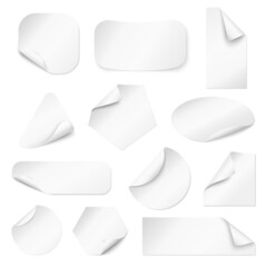 Wall Mural - Curled corners stickers. Paper curved edge, store goods white tags. Curl labels mockup, round square, rectangle blank sticky sheets recent vector set