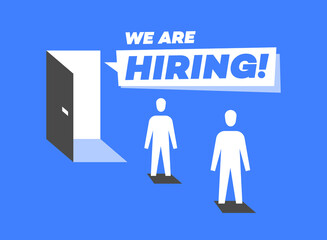 Poster - We are hiring symbol with an opened company door and new members of a team or new employees.
