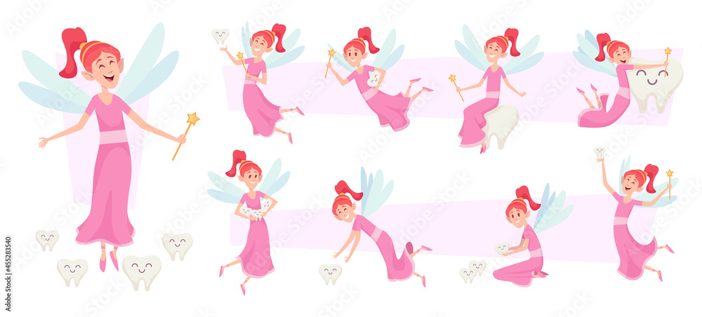 Tooth fairy characters. Female fairytale princess cute little girl holding magic wand and tooth exact vector illustrations set of mascot in action poses