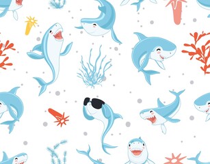 Wall Mural - Cute sharks pattern. Funny cartoon shark, seaweed print. Sea wildlife, underwater world vector seamless texture