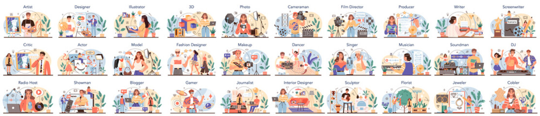 artistic occupation set. designer, dancer, artist, musician, florist