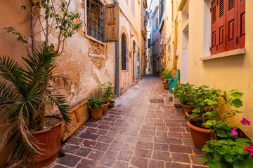  Scenic picturesque streets of Chania venetian town. Chania, Creete, Greece